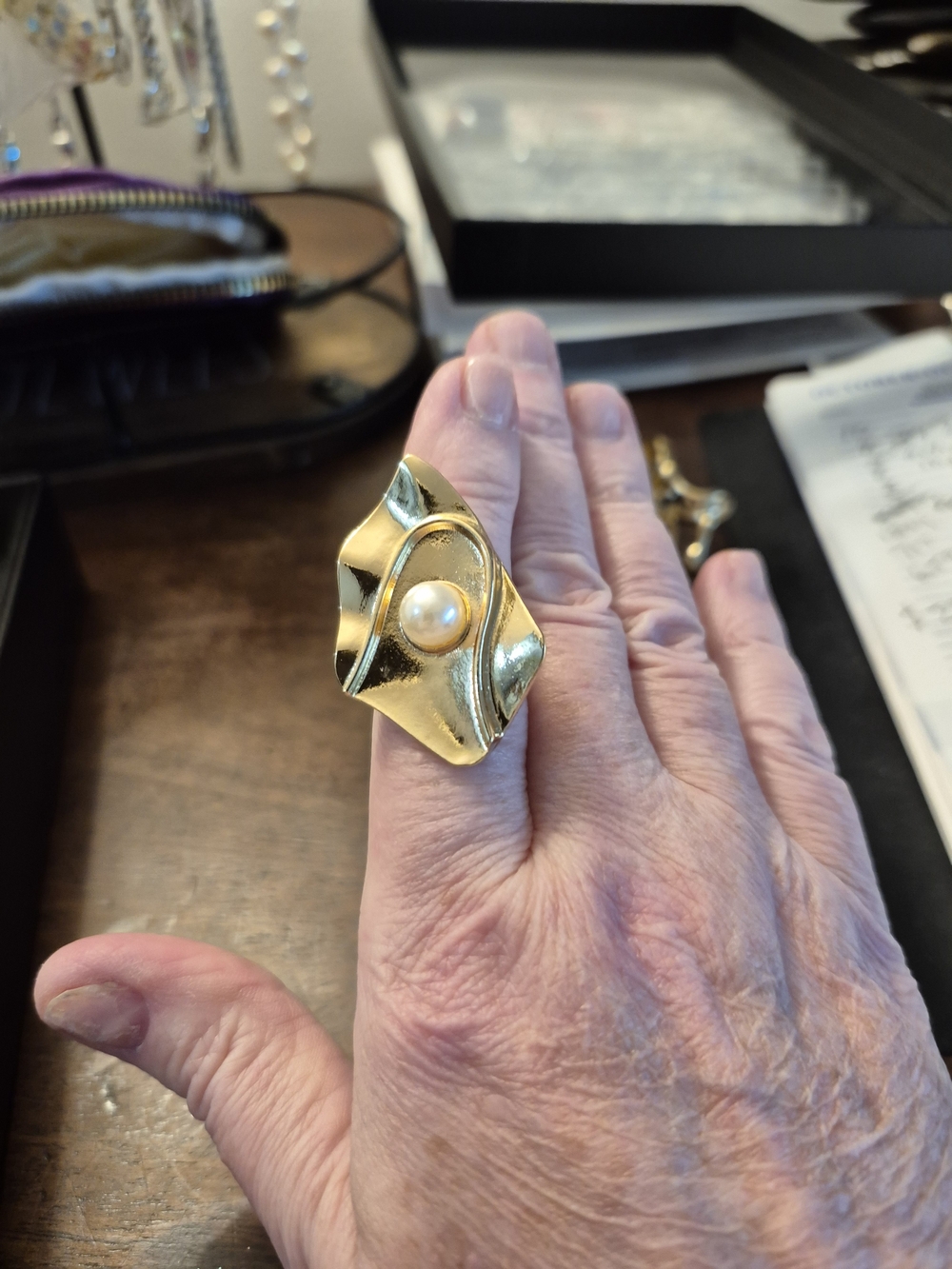 Gold-Tone Pearl Accent Statement Ring